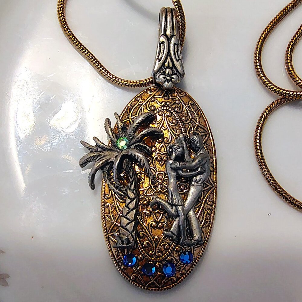 Vtg Spoon Necklace - Silver & Brass Pendant Scene Dancing on the Sand 16-18"